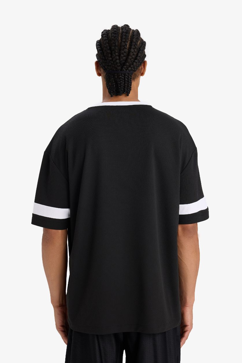 Erkek Siyah Hızlı Kuruyan Oversize Geniş Kalıp Bisiklet Yaka Baskılı Sporcu Kısa Kollu Tişört