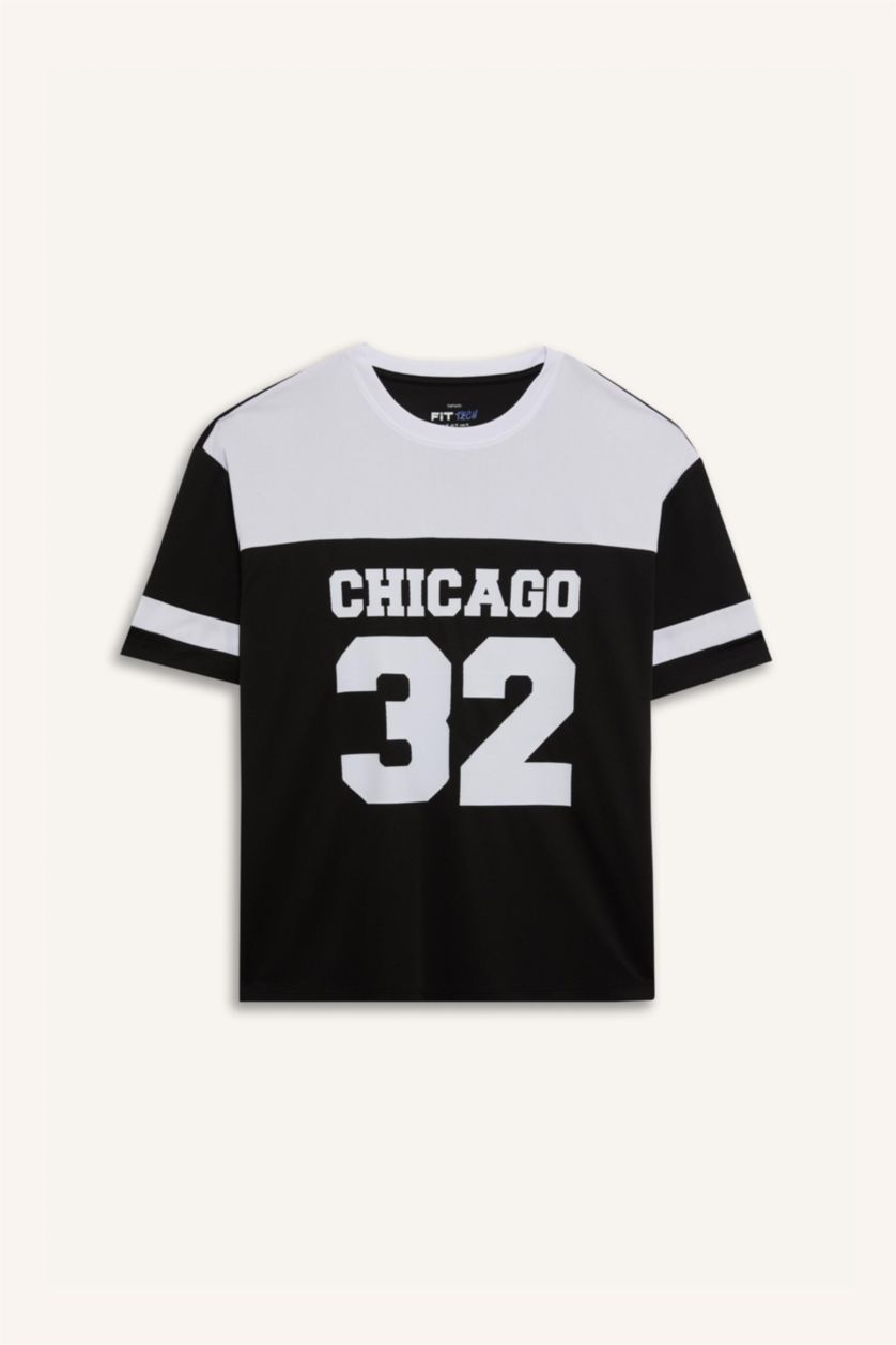 Erkek Siyah Hızlı Kuruyan Oversize Geniş Kalıp Bisiklet Yaka Baskılı Sporcu Kısa Kollu Tişört