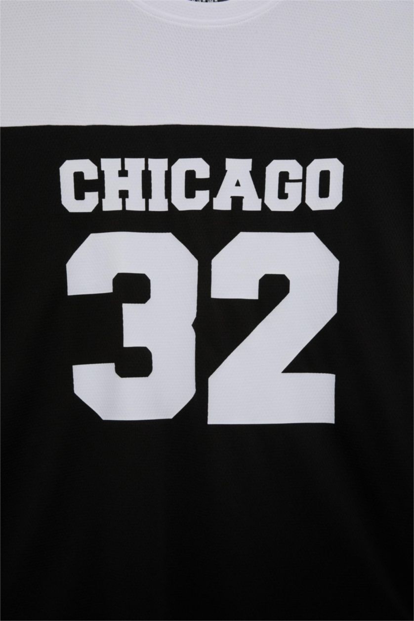 Erkek Siyah Hızlı Kuruyan Oversize Geniş Kalıp Bisiklet Yaka Baskılı Sporcu Kısa Kollu Tişört