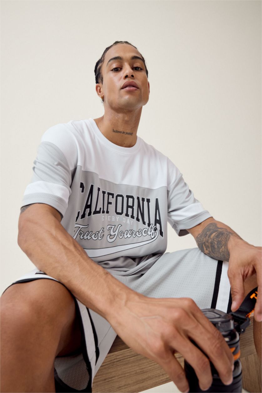 Erkek Açık Gri Hızlı Kuruyan Oversize Geniş Kalıp Bisiklet Yaka Baskılı Sporcu Kısa Kollu Tişört