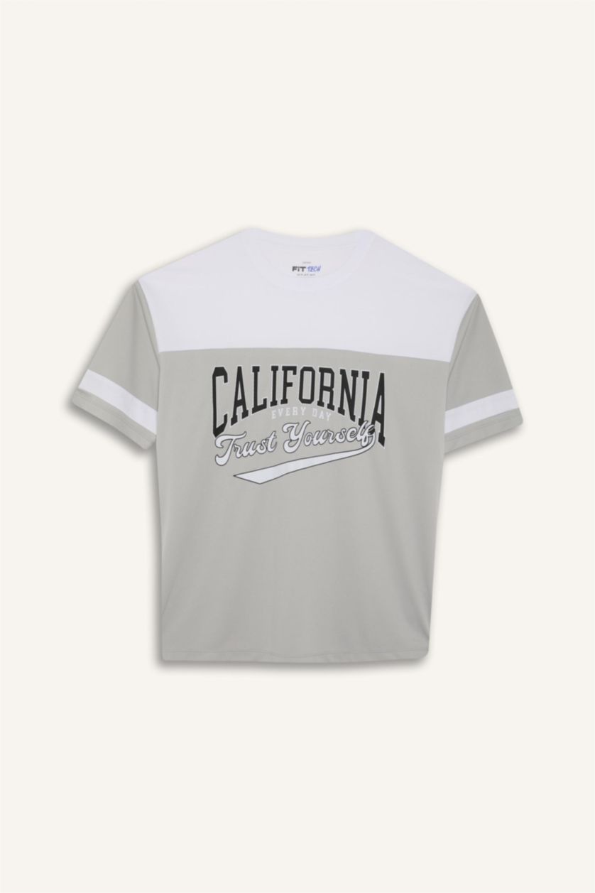 Erkek Açık Gri Hızlı Kuruyan Oversize Geniş Kalıp Bisiklet Yaka Baskılı Sporcu Kısa Kollu Tişört