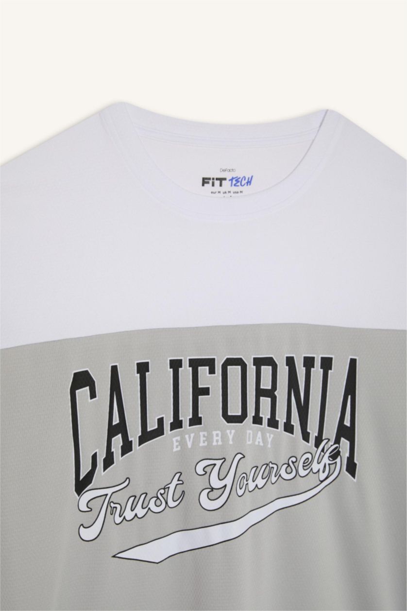 Erkek Açık Gri Hızlı Kuruyan Oversize Geniş Kalıp Bisiklet Yaka Baskılı Sporcu Kısa Kollu Tişört