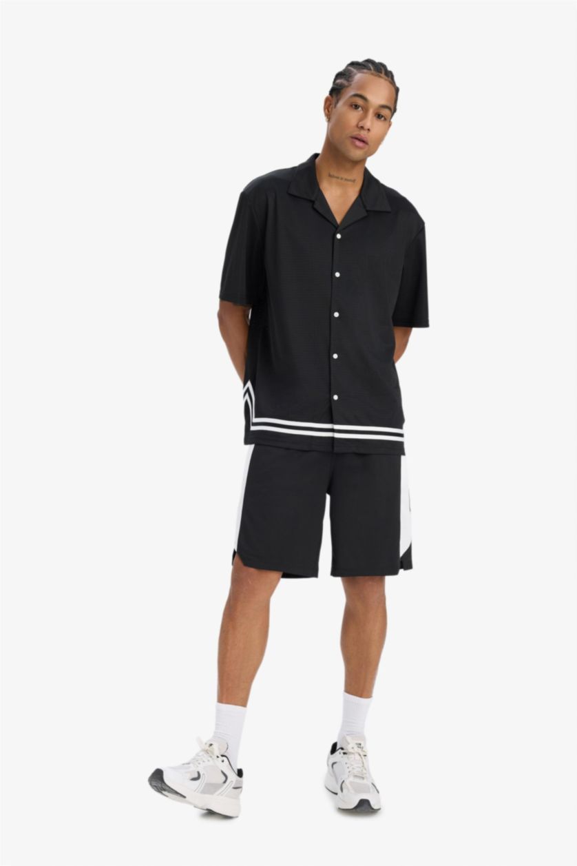 Erkek Siyah Hızlı Kuruyan Oversize Geniş Kalıp Bisiklet Yaka Sırt Baskılı Sporcu Kısa Kollu Tişört