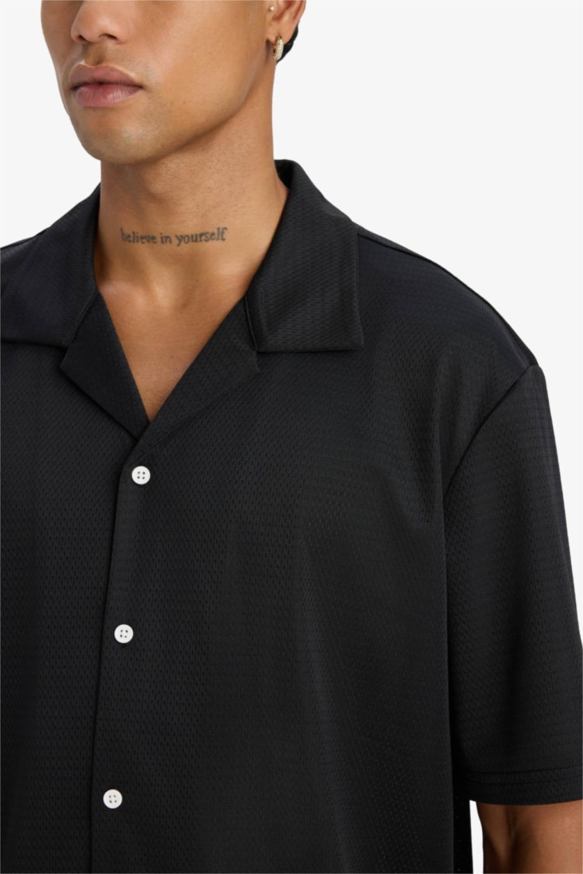 Erkek Siyah Hızlı Kuruyan Oversize Geniş Kalıp Bisiklet Yaka Sırt Baskılı Sporcu Kısa Kollu Tişört