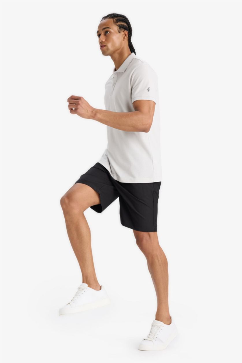 Erkek Siyah Standart Fıt Sporcu Kısa Paça Dokuma Şort