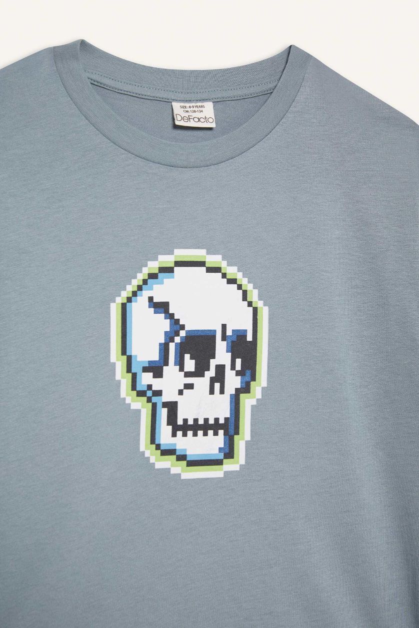 Erkek Çocuk - Genç Erkek Mat Mavi Bisiklet Yaka Baskılı Kısa Kollu Tişört Erkek Çocuk