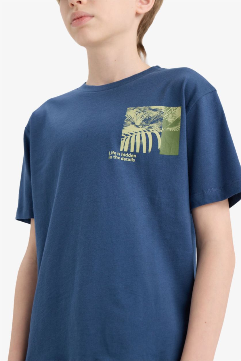 Erkek Çocuk - Genç Erkek İndigo Bisiklet Yaka Baskılı Kısa Kollu Tişört Erkek Çocuk