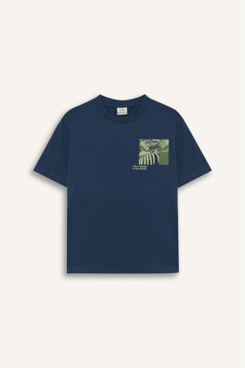 Erkek Çocuk - Genç Erkek İndigo Bisiklet Yaka Baskılı Kısa Kollu Tişört Erkek Çocuk