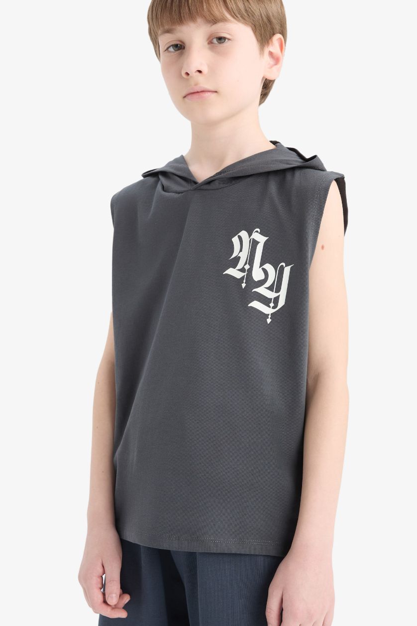 Erkek Çocuk - Genç Erkek Koyu Antrasit Kapüşonlu Baskılı Atlet Erkek Çocuk
