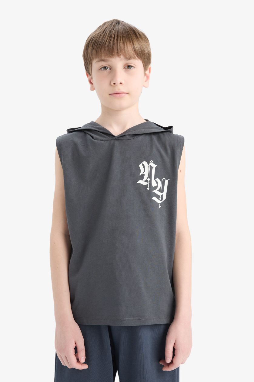 Erkek Çocuk - Genç Erkek Koyu Antrasit Kapüşonlu Baskılı Atlet Erkek Çocuk
