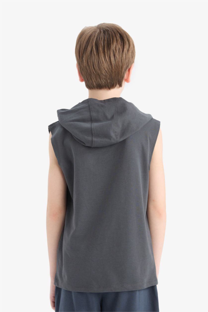 Erkek Çocuk - Genç Erkek Koyu Antrasit Kapüşonlu Baskılı Atlet Erkek Çocuk