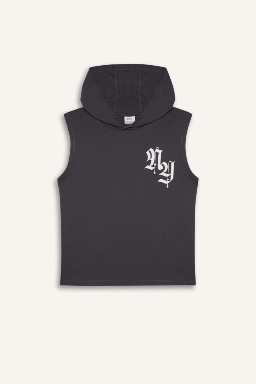 Erkek Çocuk - Genç Erkek Koyu Antrasit Kapüşonlu Baskılı Atlet Erkek Çocuk