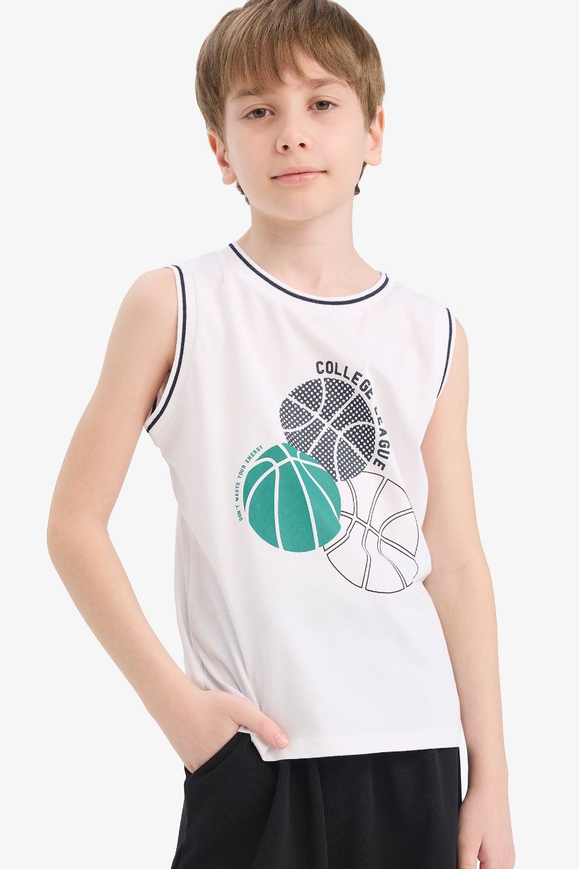 Erkek Çocuk - Genç Erkek Beyaz Bisiklet Yaka Baskılı Atlet Erkek Çocuk