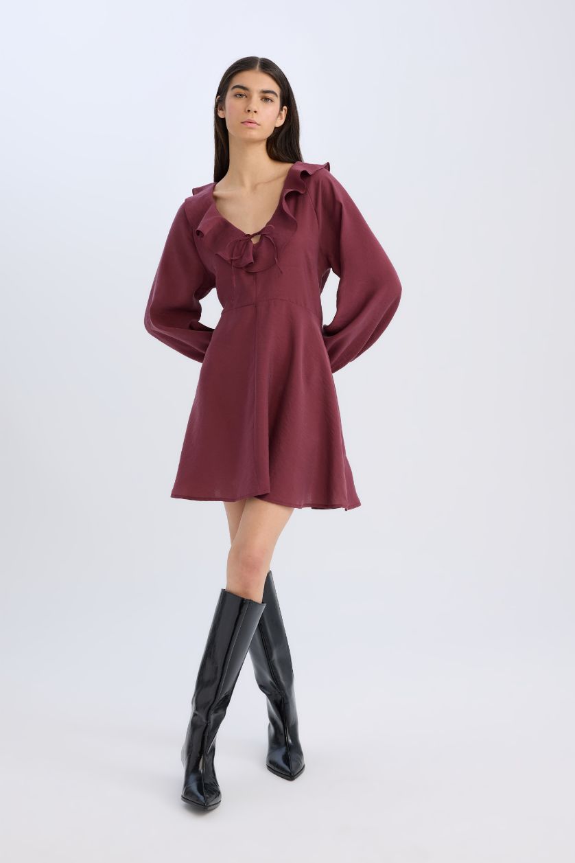 WOMAN Bordeaux V-Neck modal Balloon Sleeves Mini Dress