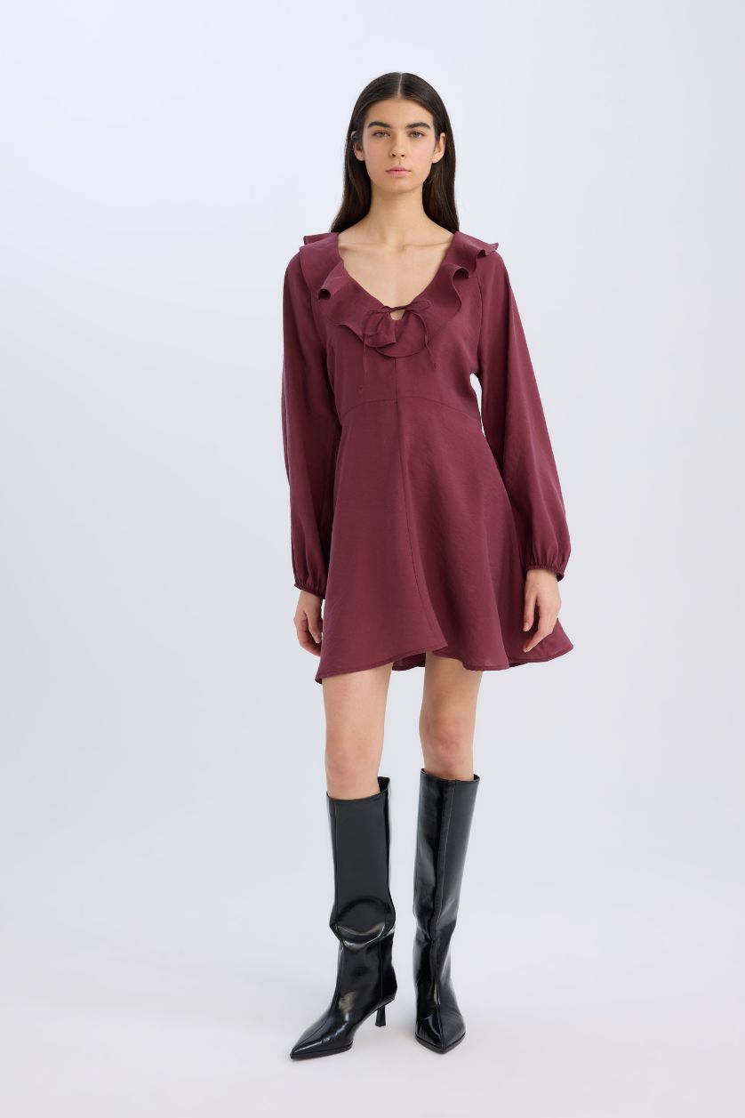 WOMAN Bordeaux V-Neck modal Balloon Sleeves Mini Dress