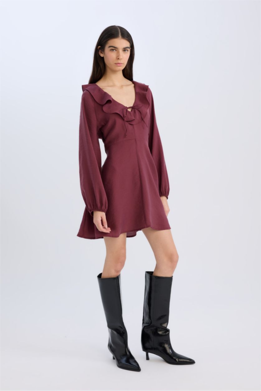 WOMAN Bordeaux V-Neck modal Balloon Sleeves Mini Dress