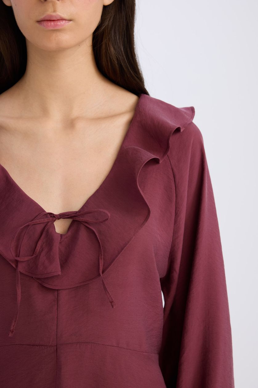 WOMAN Bordeaux V-Neck modal Balloon Sleeves Mini Dress