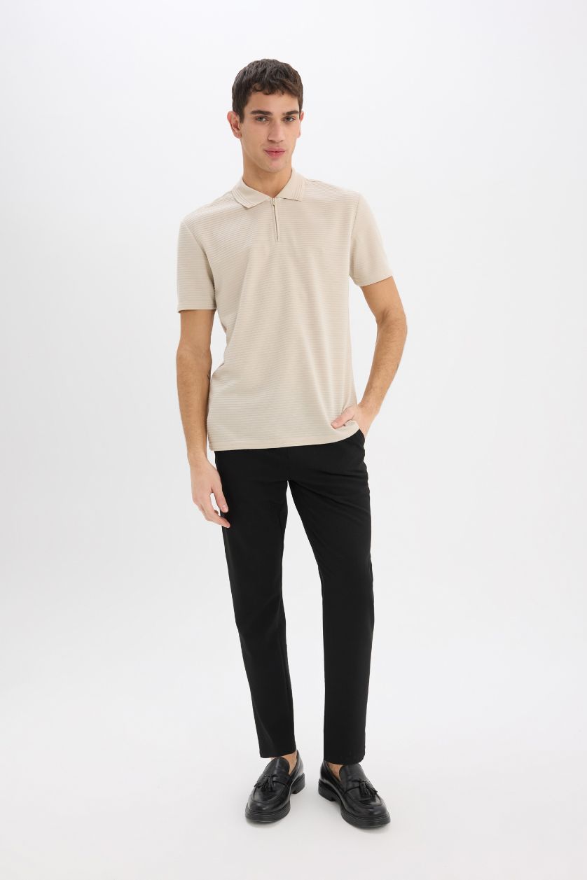 Erkek Taş Regular Fit Polo Yaka Fermuarlı Kısa Kollu Tişört