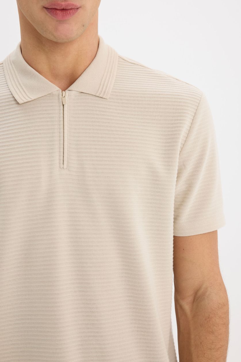 Erkek Taş Regular Fit Polo Yaka Fermuarlı Kısa Kollu Tişört