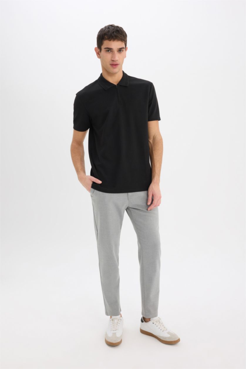 Erkek Siyah Regular Fit Polo Yaka Yarım Fermuarlı Kısa Kollu Siyah Tişört