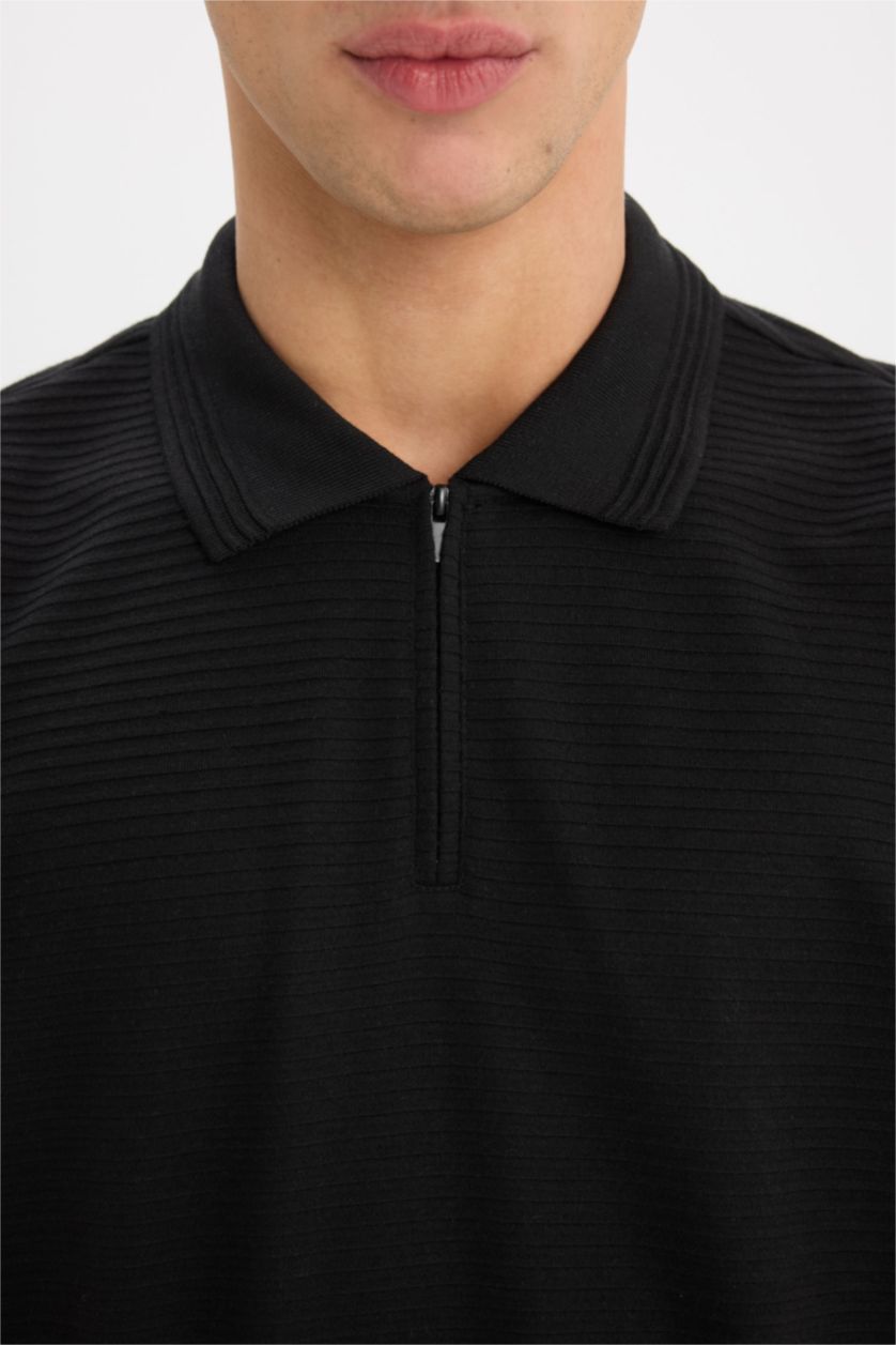Erkek Siyah Regular Fit Polo Yaka Yarım Fermuarlı Kısa Kollu Siyah Tişört