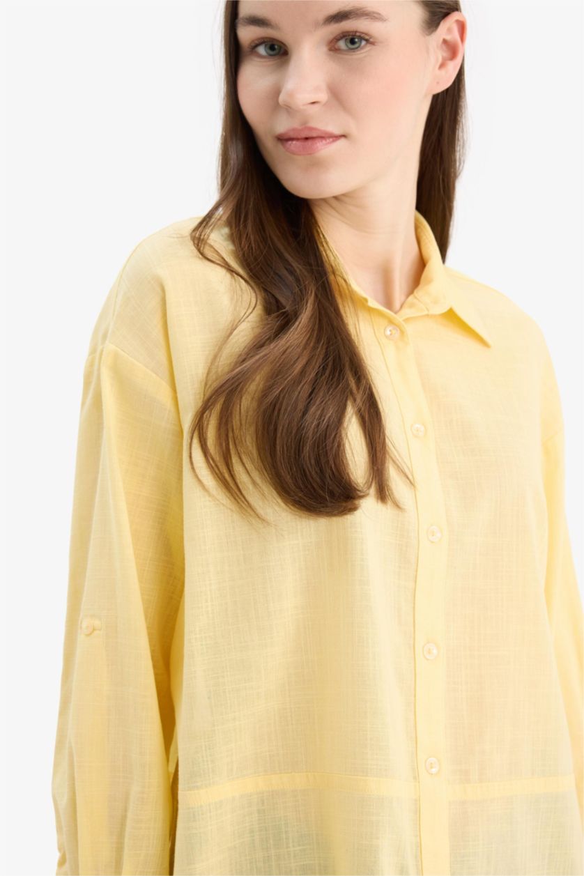 نساء أصفر فاتح قميص طويل محجبات قطن قصة عادية