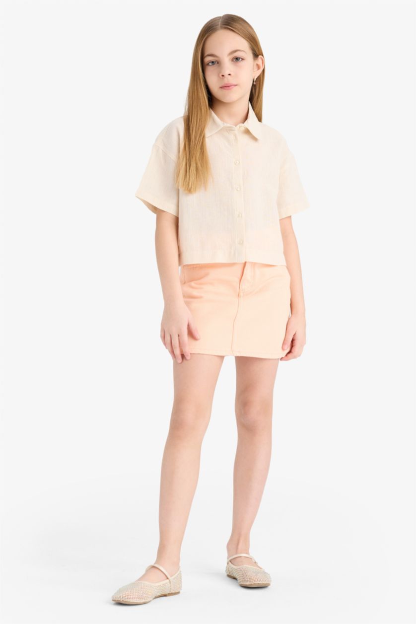 GIRLS & TEENS Beige Girl Cropped Fit Cotton Short Sleeve Shirt