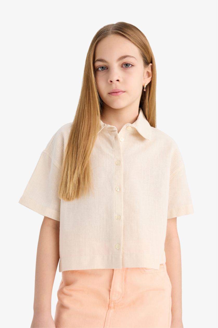 GIRLS & TEENS Beige Girl Cropped Fit Cotton Short Sleeve Shirt