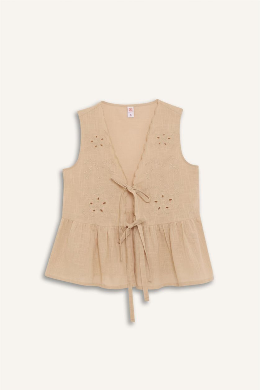 Kadın Bej Regular Fit Brode Önden Bağlamalı Plaj Üstü-Fall in Love 