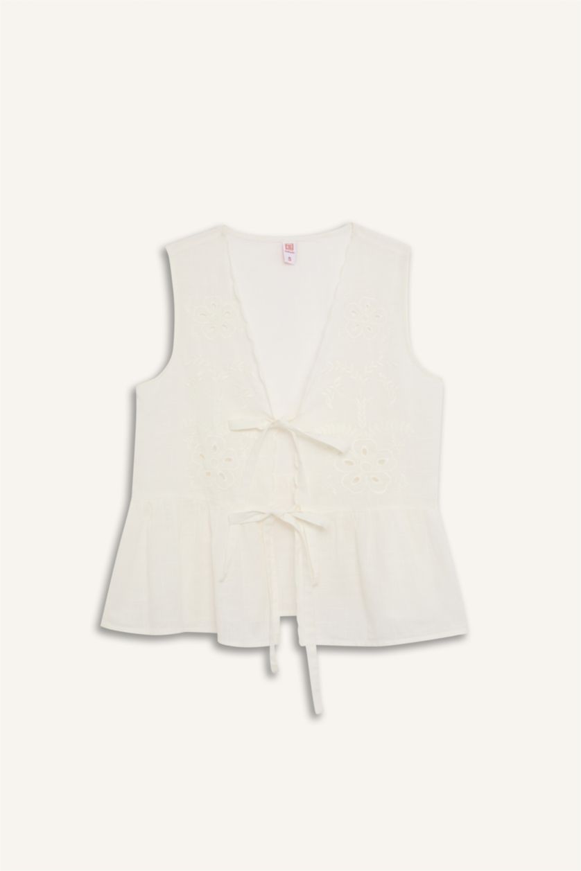 Kadın Kırık Beyaz Regular Fit Brode Önden Bağlamalı Beyaz Plaj Üstü