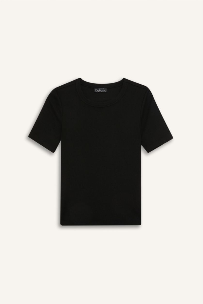 Kadın Siyah Slim Fit Dar Kesim Bisiklet Yaka Basic Düz Fitilli Kaşkorse Kısa Kollu Tişört