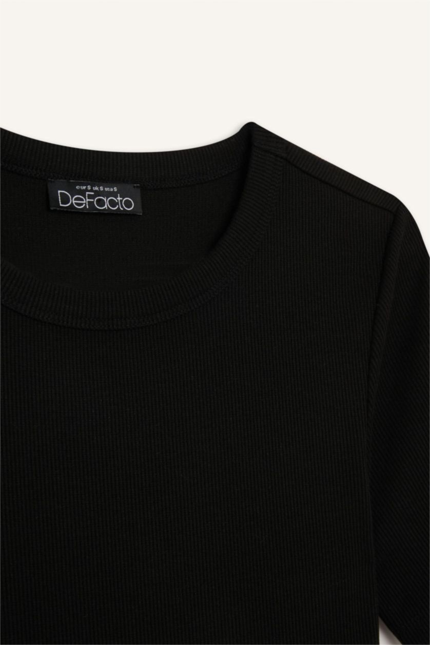 Kadın Siyah Slim Fit Dar Kesim Bisiklet Yaka Basic Düz Fitilli Kaşkorse Kısa Kollu Tişört