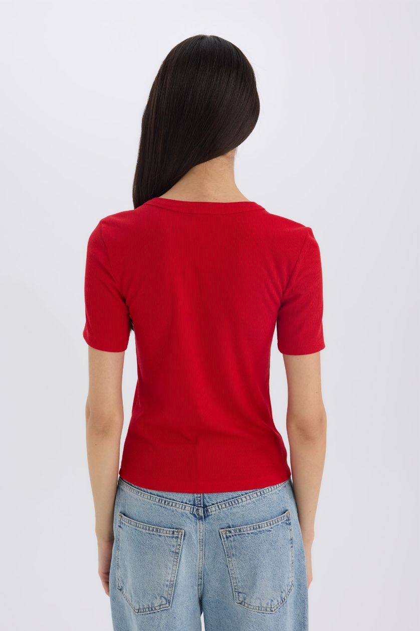 WOMAN Red Slim Fit Crew Neck Basic Corduroy T-Shirt