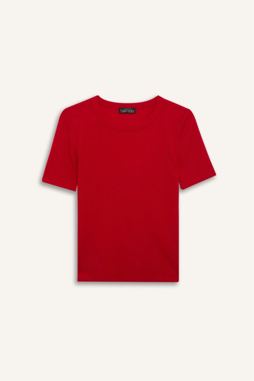 WOMAN Red Slim Fit Crew Neck Basic Corduroy T-Shirt