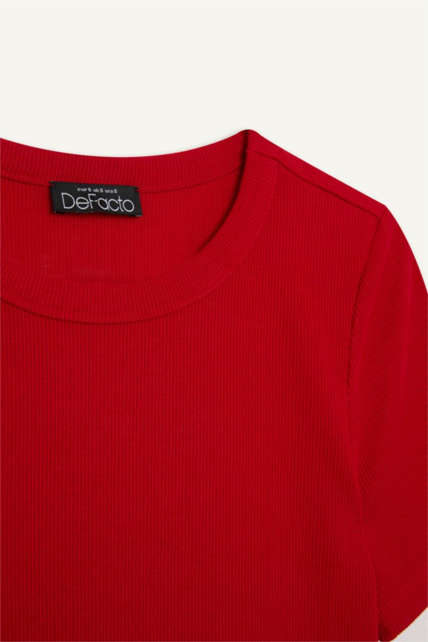 WOMAN Red Slim Fit Crew Neck Basic Corduroy T-Shirt