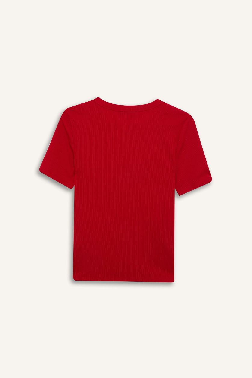 WOMAN Red Slim Fit Crew Neck Basic Corduroy T-Shirt