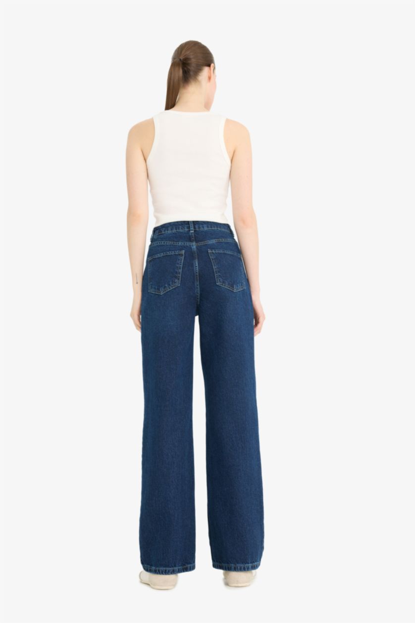 نساء أزرق غامق سروال جينز وايد ليج