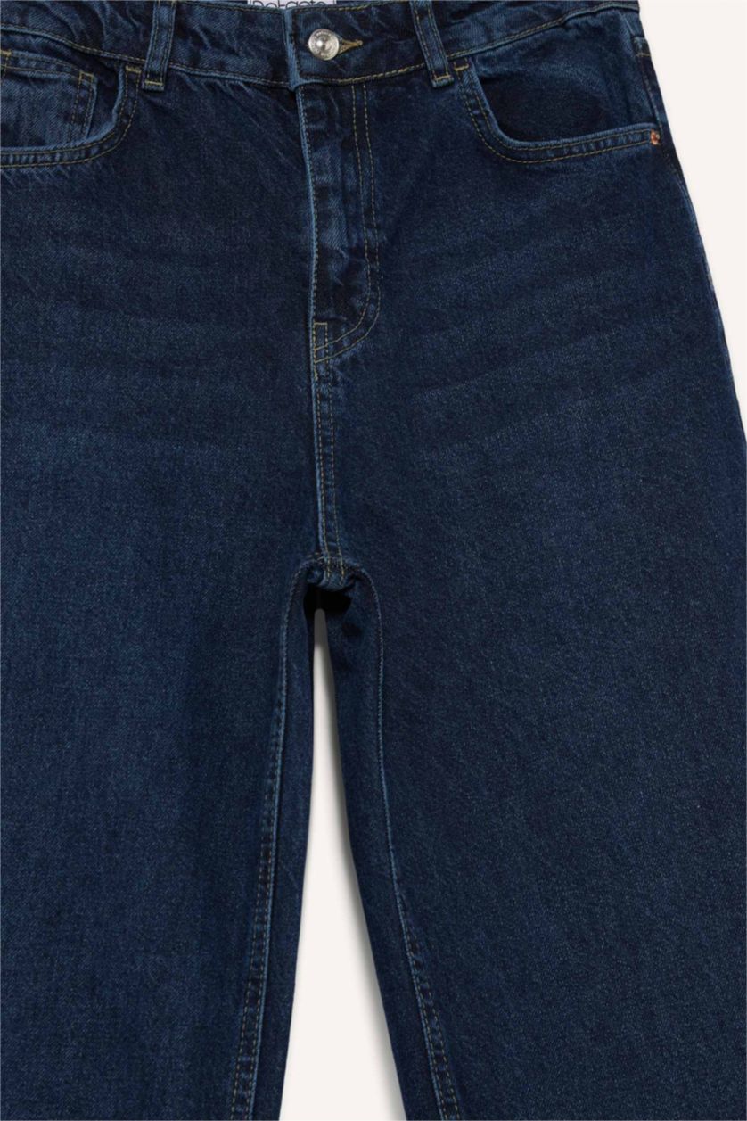 نساء أزرق غامق سروال جينز وايد ليج