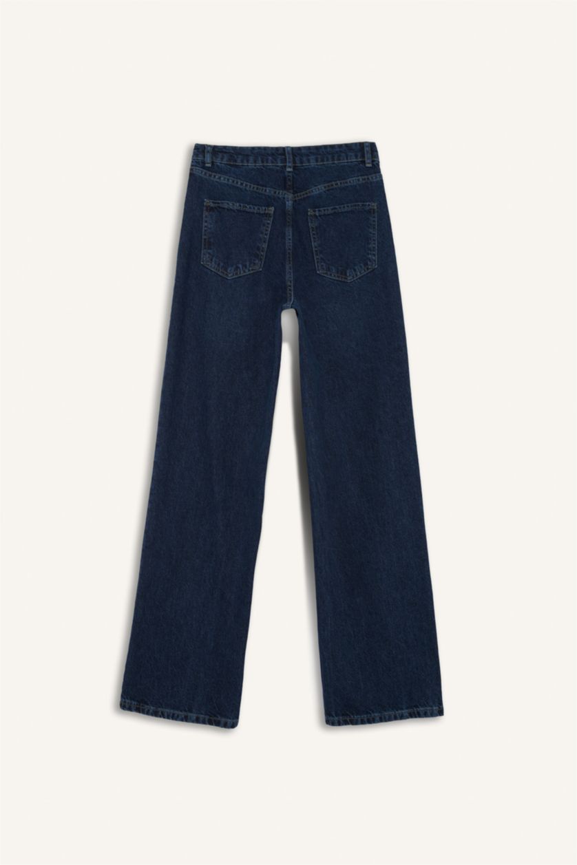 نساء أزرق غامق سروال جينز وايد ليج