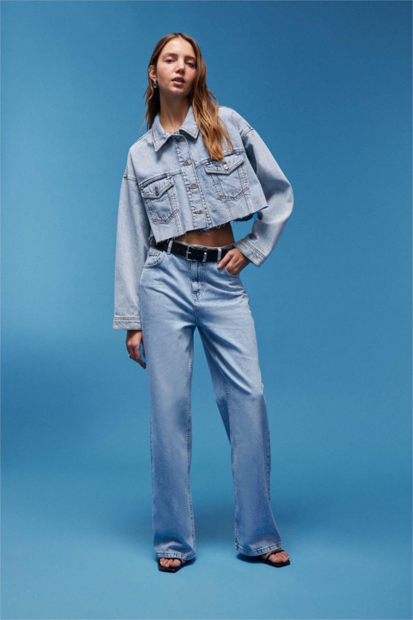 حريمي أزرق فاتح بنطلون جينز وايد ليج برجل واسع بخصر عالي وتأثير باهت