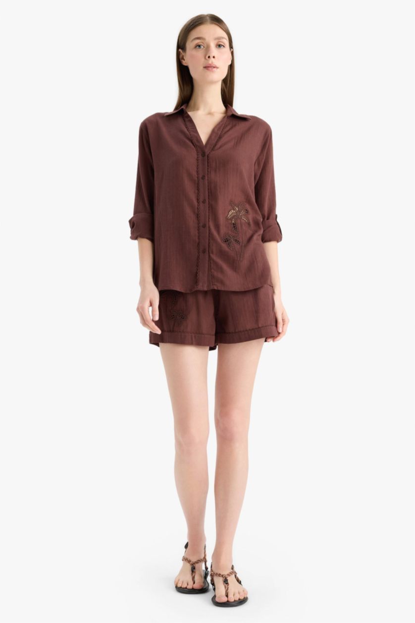 Kadın Kahve Regular Fit Müslin Plaj Şortu