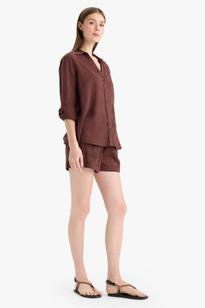 Kadın Kahve Regular Fit Müslin Plaj Şortu