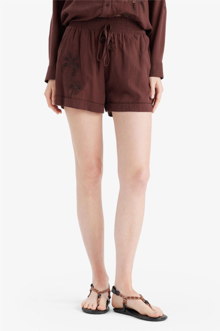 Kadın Kahve Regular Fit Müslin Plaj Şortu