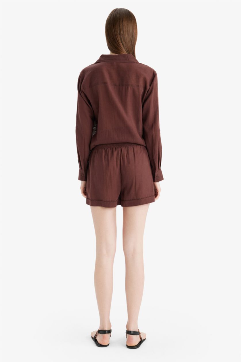 Kadın Kahve Regular Fit Müslin Plaj Şortu