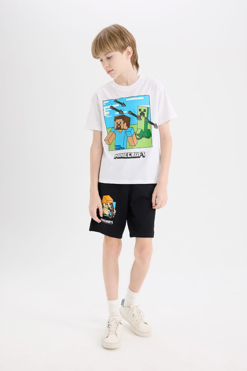 Erkek Çocuk - Genç Erkek Beyaz 2'li Takım Minecraft Kısa Kollu Tişört Beli Lastikli Şort Alt Erkek Çocuk