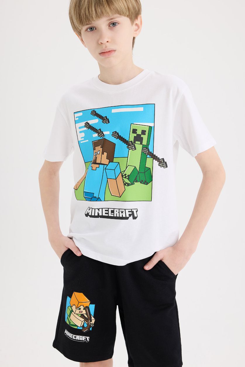 Erkek Çocuk - Genç Erkek Beyaz 2'li Takım Minecraft Kısa Kollu Tişört Beli Lastikli Şort Alt Erkek Çocuk