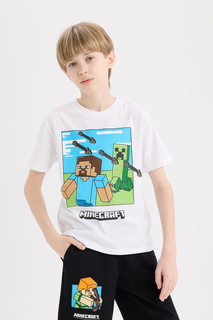 Erkek Çocuk - Genç Erkek Beyaz 2'li Takım Minecraft Kısa Kollu Tişört Beli Lastikli Şort Alt Erkek Çocuk