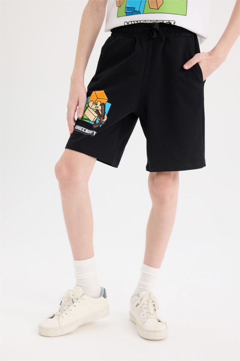 Erkek Çocuk - Genç Erkek Beyaz 2'li Takım Minecraft Kısa Kollu Tişört Beli Lastikli Şort Alt Erkek Çocuk