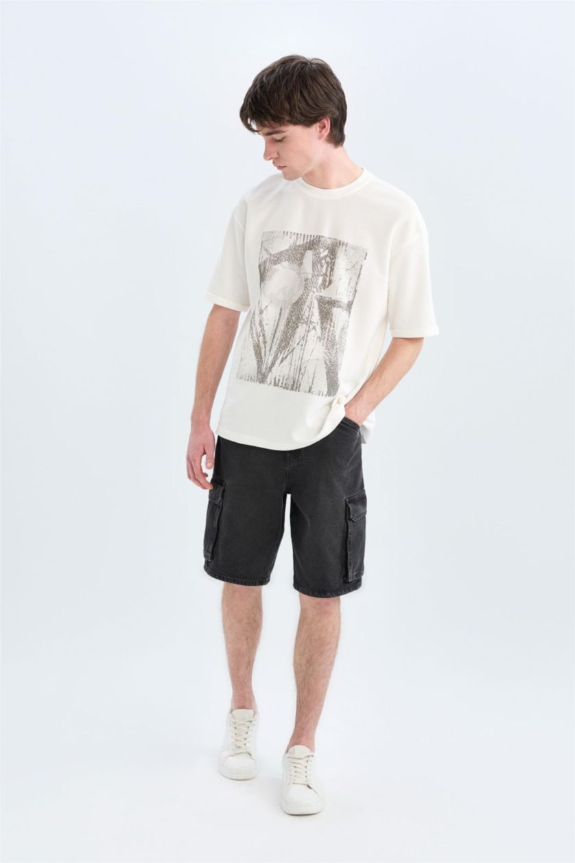 رجال أسود شورت برمودا قطن كارجو فيت