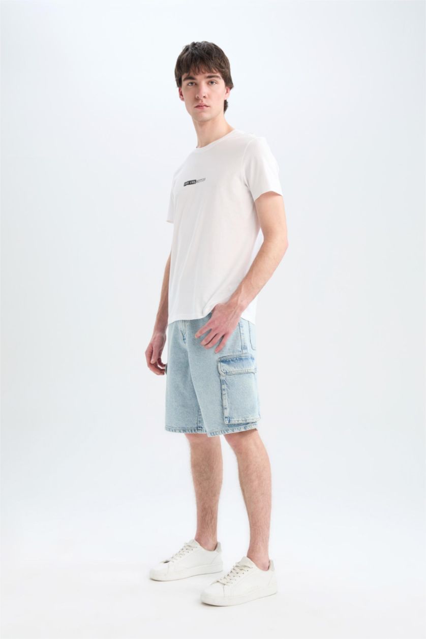 Erkek Açık Mavi %100 Pamuk Kargo Fit Jean Bermuda Şort